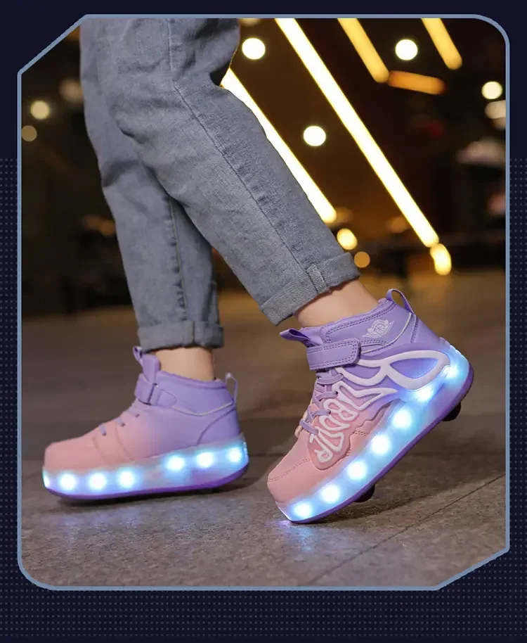 Sepatu roda anak laki-laki perempuan, sneaker olahraga 4 roda lampu Led hadiah permainan luar ruangan