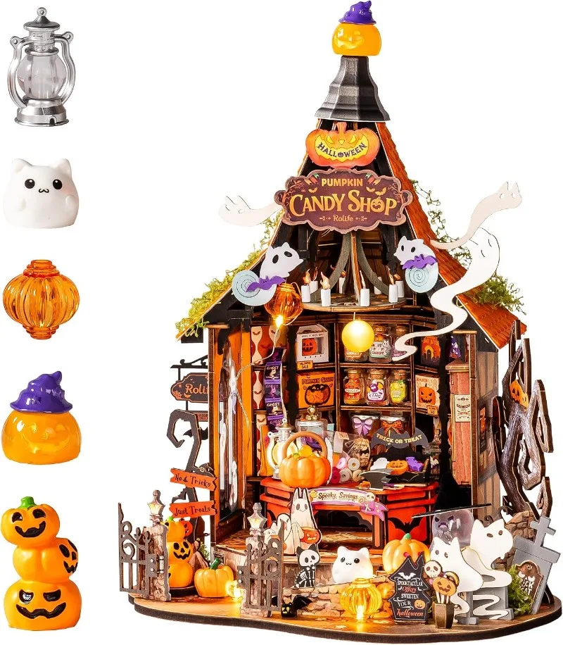 Robotime Halloween Miniature House Kit Haunted Candy DIY Miniature LED Diorama 1/18 Mini House Desktop Collectible Ornament Gift