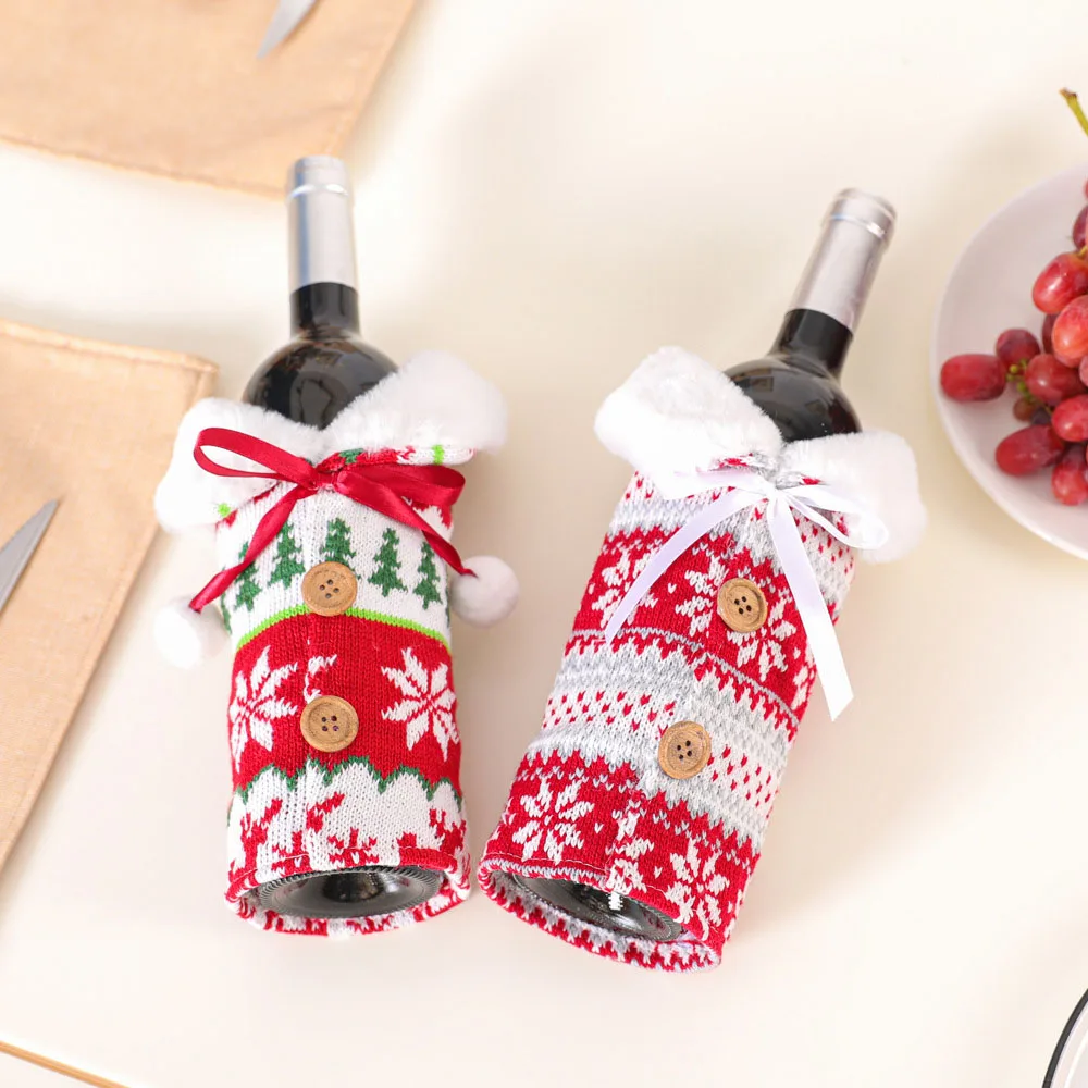 

Christmas Decorations Wine Bottle Cover Knitted Button Snowflake Red Wine Bag Red Collar Sweater Sleeve Christmas Ornaments