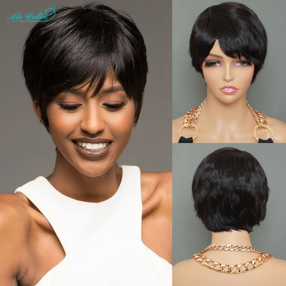 Short Bob Pixie Cut Wigs Straight Human Hair Machine Made Wigs With Bangs Brazilian Remy Hair Wig Ready To Go