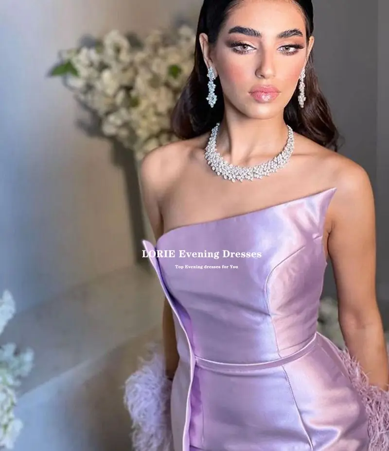 LORIE Saudi Arabia Lilac Prom Dresses Strapless Mermaid Evening Party Gowns Formal Split Feathers Abendkleider Event Dresses