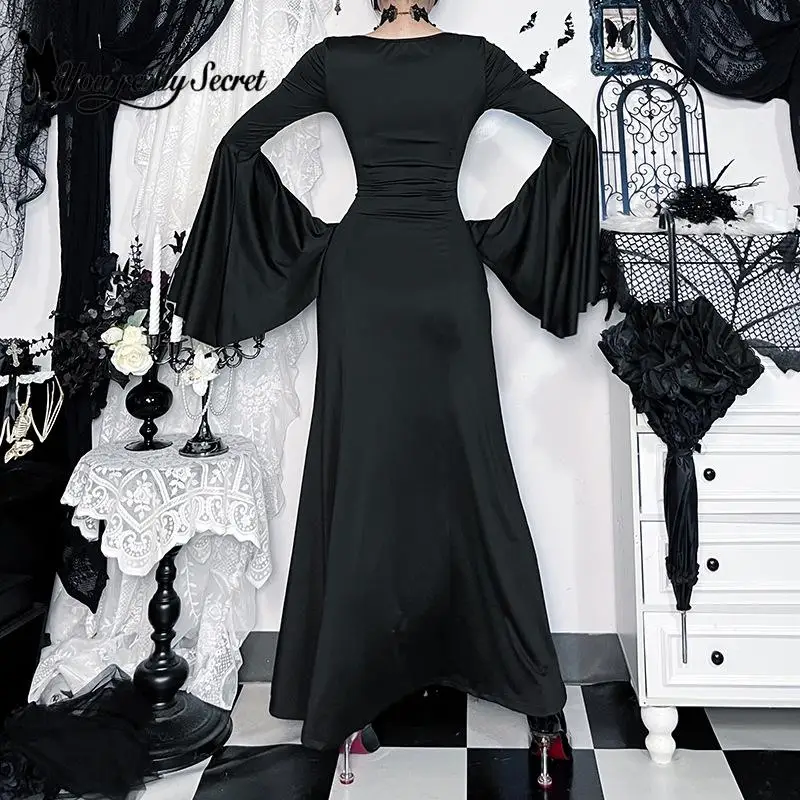 [Sei il mio segreto] Abiti lunghi da festa gotici Abito gotico retrò a vita alta con maniche svasate in pizzo Abito vintage stile scuro