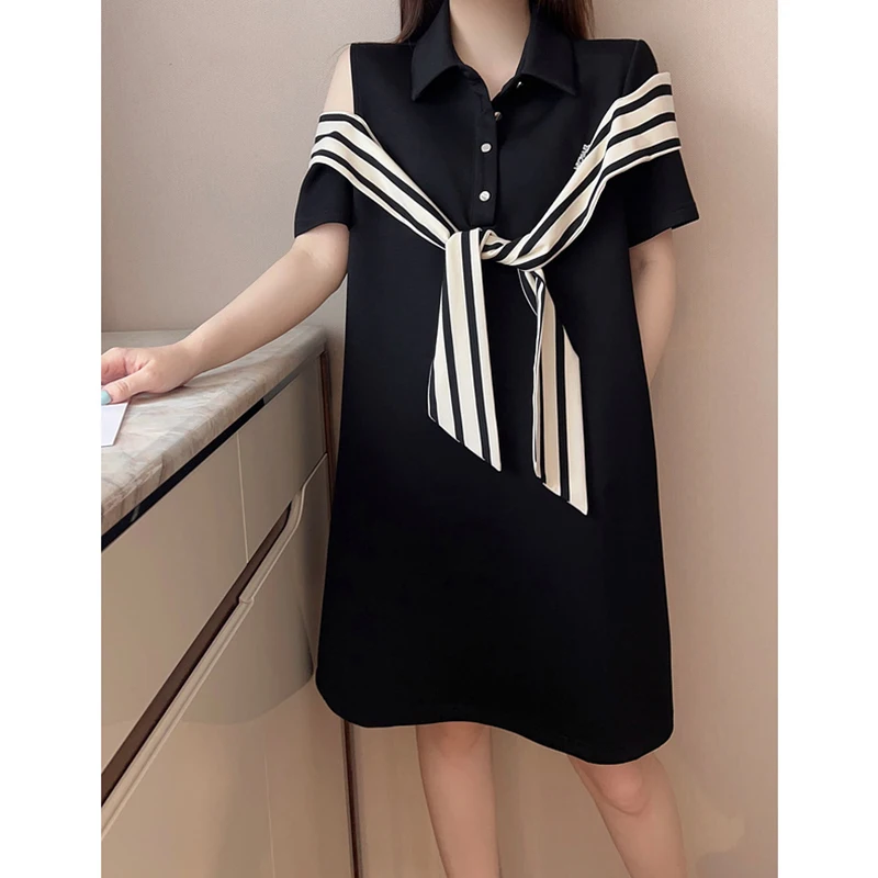 

Fashion Lapel Striped Lace Up Off Shoulder Casual Dresses Female Clothing 2024 Summer New Loose All-match Short Sleeve Dress