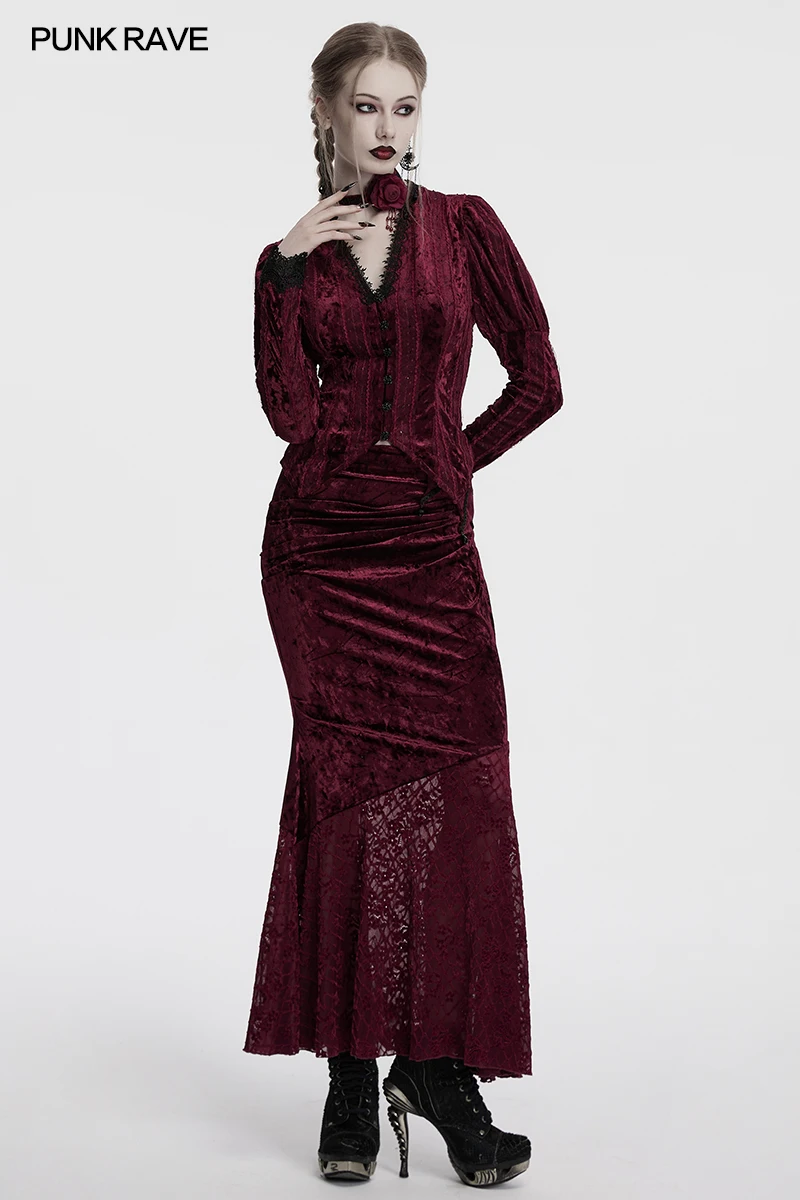 펑크 레이브 여성용 광택 벨벳 레이스 비대칭 뾰족한 우아한 피쉬테일 스커트 고귀한 미스터리 롱 스커트 여성 두 가지 색상