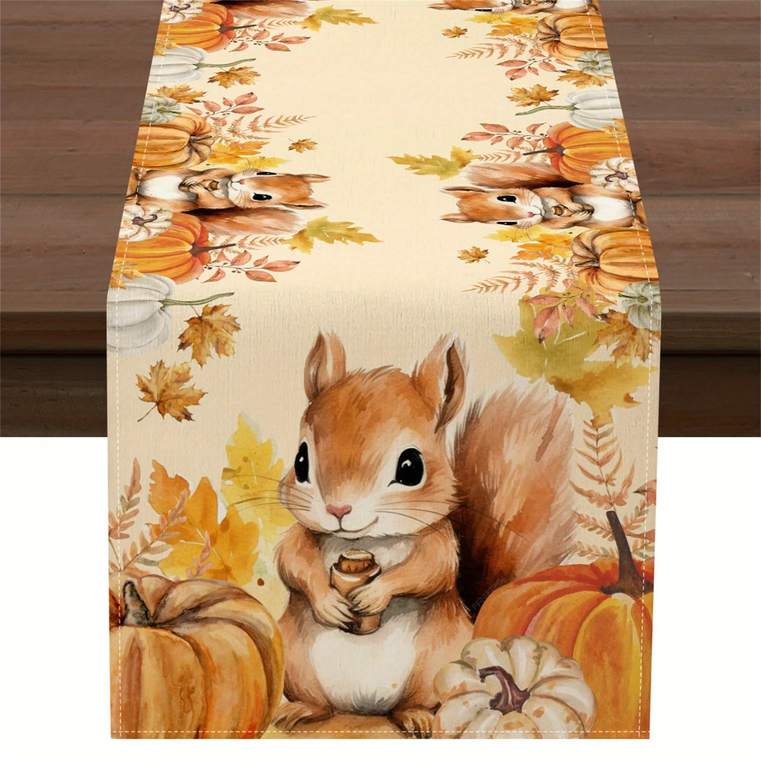 1pc HandPainted Pumpkin Squirrel Branches Table Runner Fall Thanksgiving Day Decorations For Farmhouse Kitchen Dining Home Party