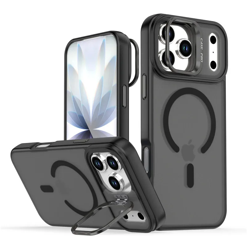

Back Magnetic Charging Phone Case for iPhone Air 12 13 14 15 16 Plus 17 Pro Max with Lens Hide Stand