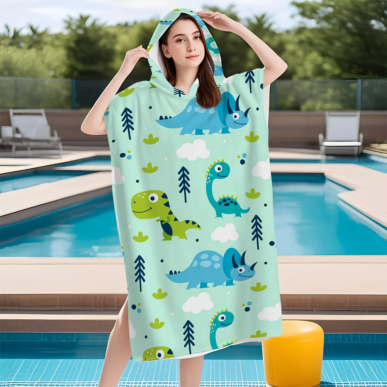 

1pc Cartoon Dinosaur Print Hooded Towel Poncho, Quick Dry Polyester Beach Changing Robe, Matching Family/Couple Swim Poncho for