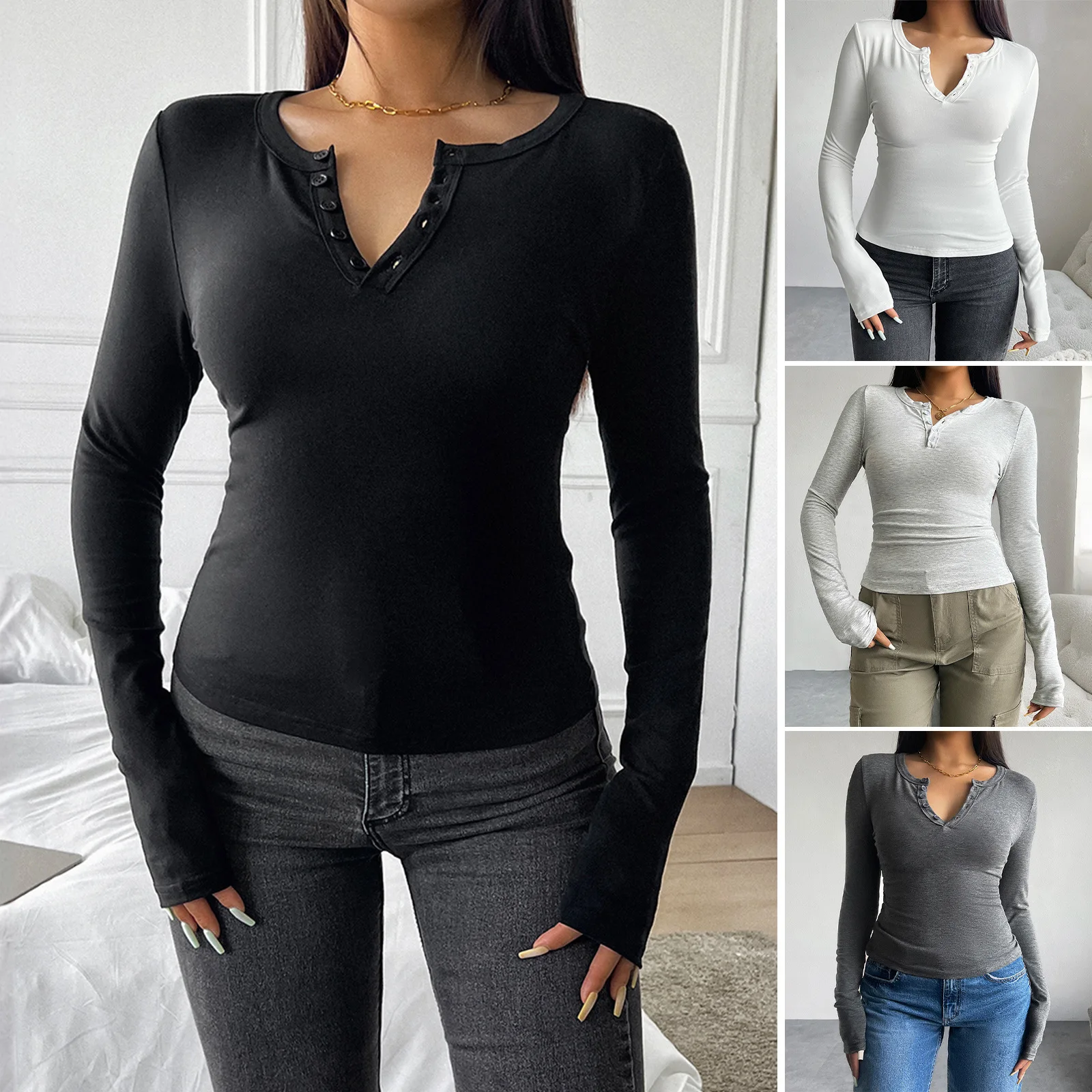 

2025 Autumn And Winter Tops Women's Y2K Temperament Slim-fit V-neck Button-up Long-sleeved T-shirt