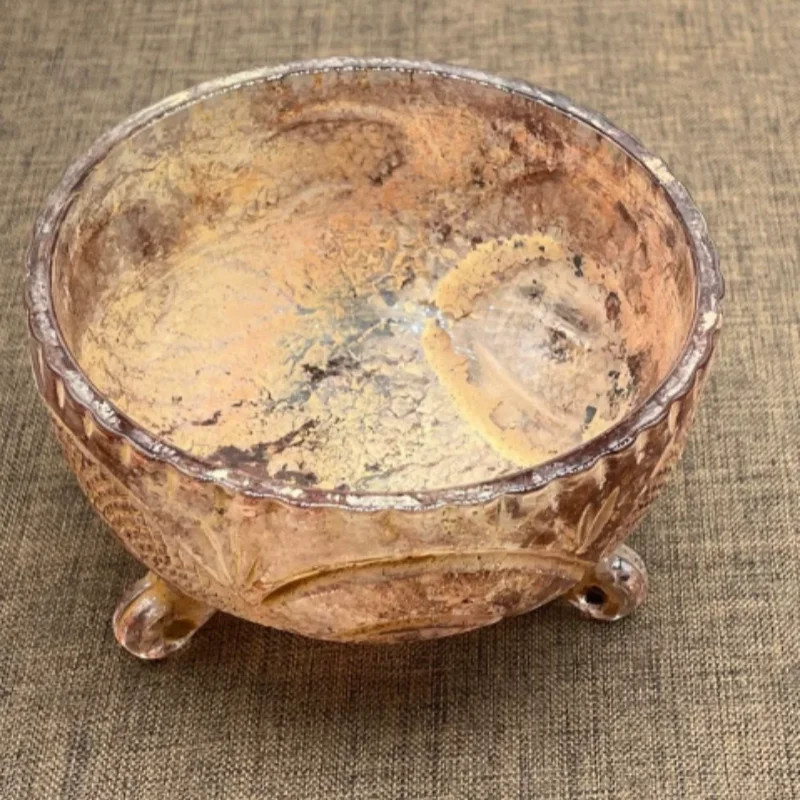 Antique Xiuyan Jade Carved Three-Legged Cup - Exquisite Folk Art Craft & Home Desktop Decor Collectible Ornament
