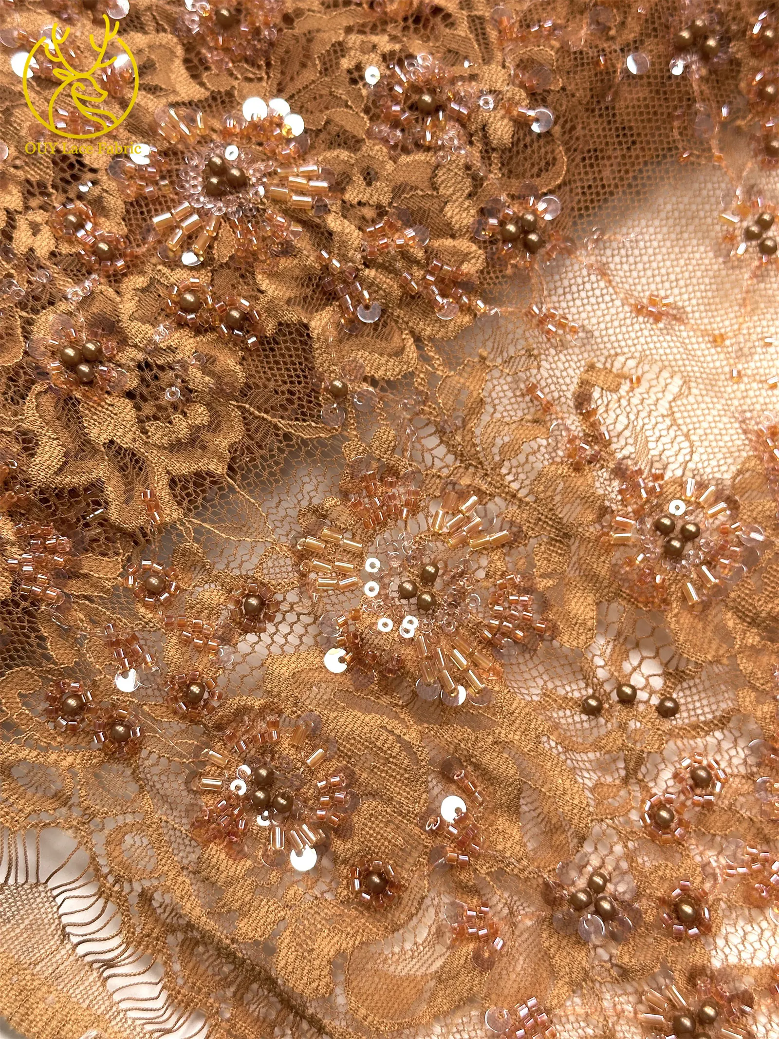 3 Meter exquisiter Perlen-Spitzenstoff, afrikanischer Spitzenstoff mit Pailletten und verstreuten Blumenstickereien zum Nähen von Brautkleidern – Detail 20