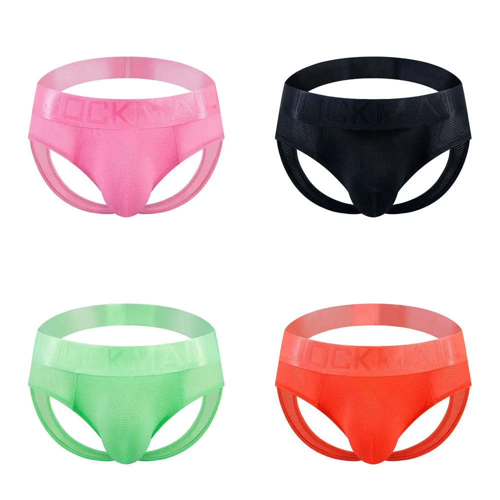 Jockmail Mens Thongs Sexy Low Waist Solid Color Nylon Mesh Bikini Panties Back Empty Hip Lift Underwear Man String Panties