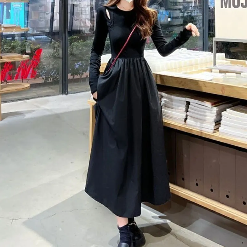 Solid O Neck Long Sleeve Long Skirt Elegant Fashion Harajuku Slim Fit Women's Clothing Loose Casual Sweat All Match Dresses