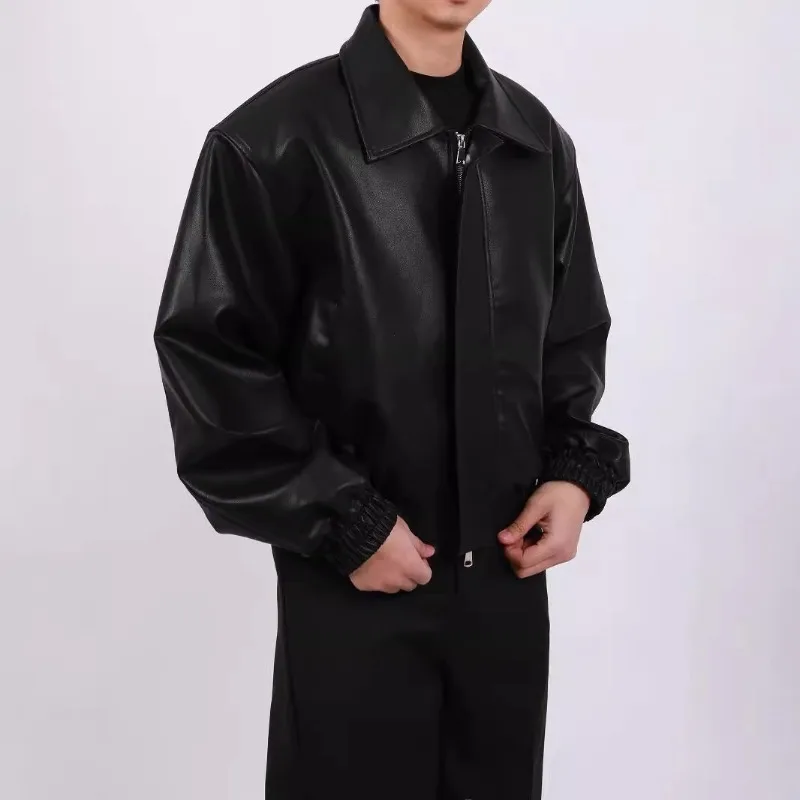 Autumn High Sense PU Leather Lapel Jacket Men's Loose Trendy Brand Ins Internet Celebrity Casual Ruffian Short Jacket