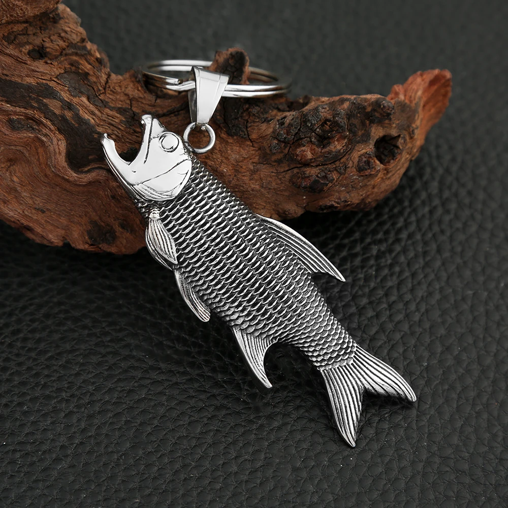 Fashion Punk Fish Keychain Stainless Steel Silver Color Antique Metal Clasp Keyring Car Key Accessories Charm Jewelry Wholesale