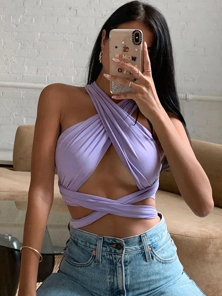 Women Strappy Cross Over Front Cut Out Halter Neck Sleeveless Backless Wrap Crop Top Bandage Vest Summer Sexy Tops Woman Clothes