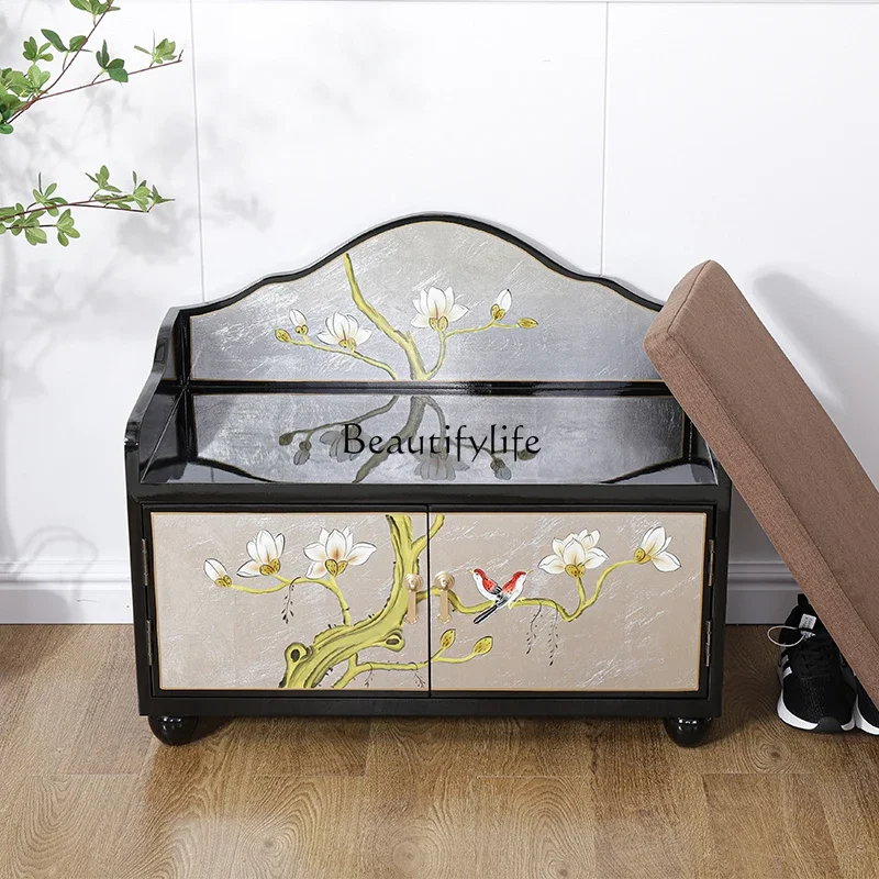 

yj 5 New Chinese Style Painted Solid Wood Storage Shoe Changing Stool Soft Bag Sponge Cushion Decorative Small Shoe Cabinet