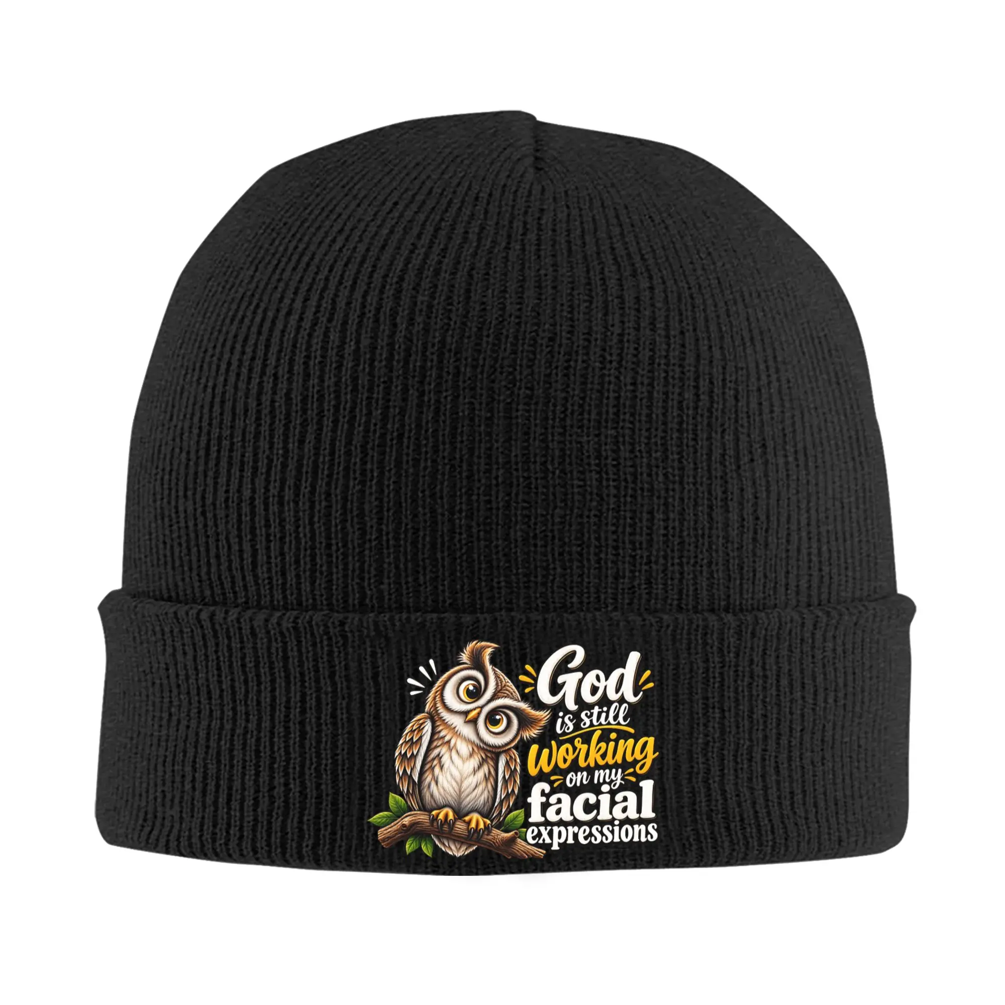 God Is Still Working On My Facial Expressions Funny Owl Beanie Hats  Bonnet Hats Unisex Hip Hop Gym Knitting Hat Winter  Caps