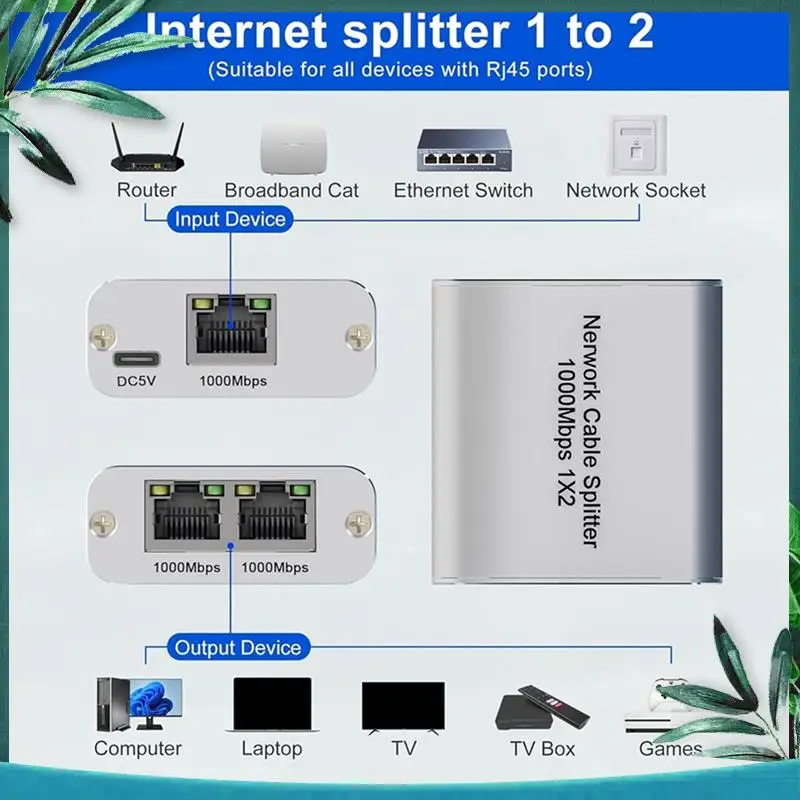 (NEW) Ethernet Splitter 1 To 2 High Speed Gigabit Ethernet Switch 2 Port Internet RJ45 LAN Splitter For Cat5/6/7/8 Cable