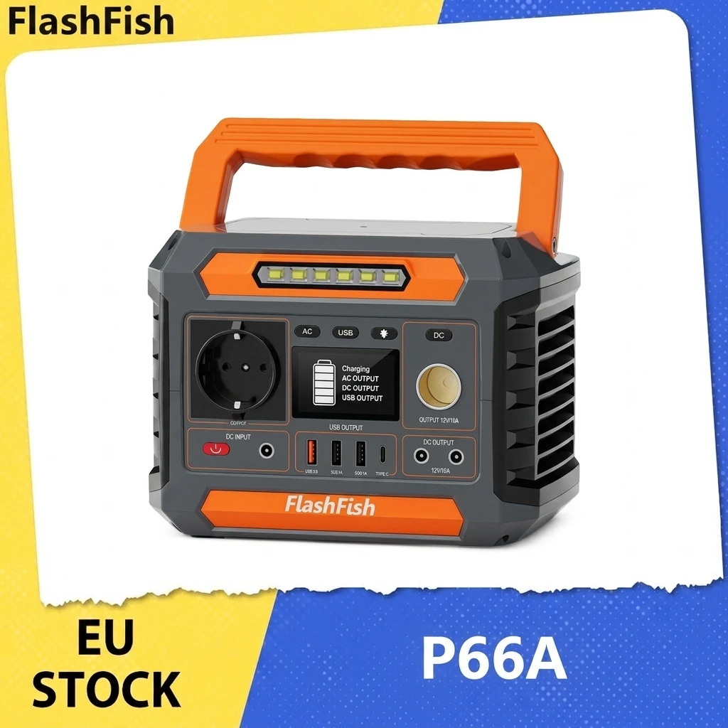 Station d'alimentation portable FlashFish P66A, capacité de 144,3 Wh, batterie de 39000 mAh, sortie AC 200 W, 8 sorties, USB-A/USB-C QC 18 W, entrée solaire 13-22 V, 3 méthodes de charge, lumière LED intégrée