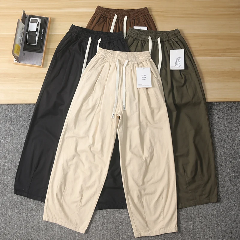 

Waed Pure Cotton Straight Leg Casual Pants Men's Spring Autumn Wide Leg Street Sle y Loose Fit Long Trousers