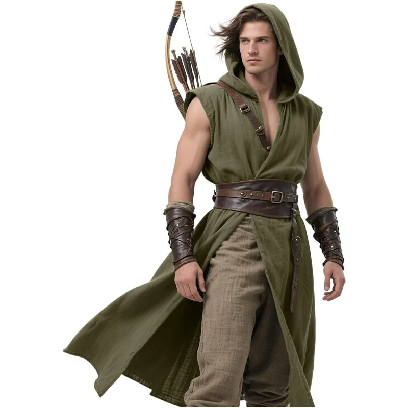 Men Medieval Hooded Tunic Renaissance Sleeveless Cloak Archer Costume for Halloween Cosplay LARP Outfits