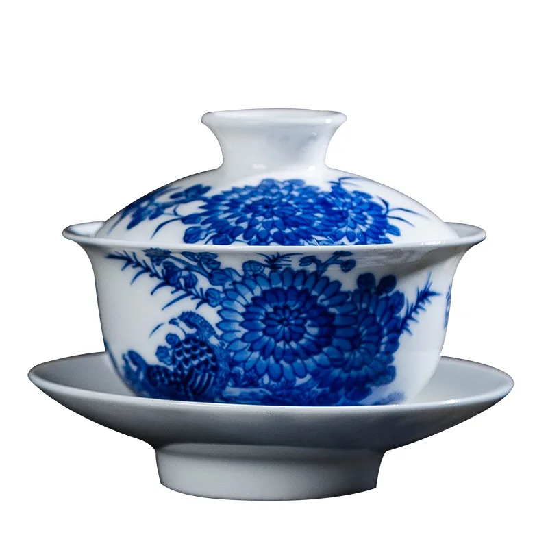

High Quality Tureen Single Tea Cup Jingdezhen Blue and White Three Talent Household Set Porcelain Chinese Style