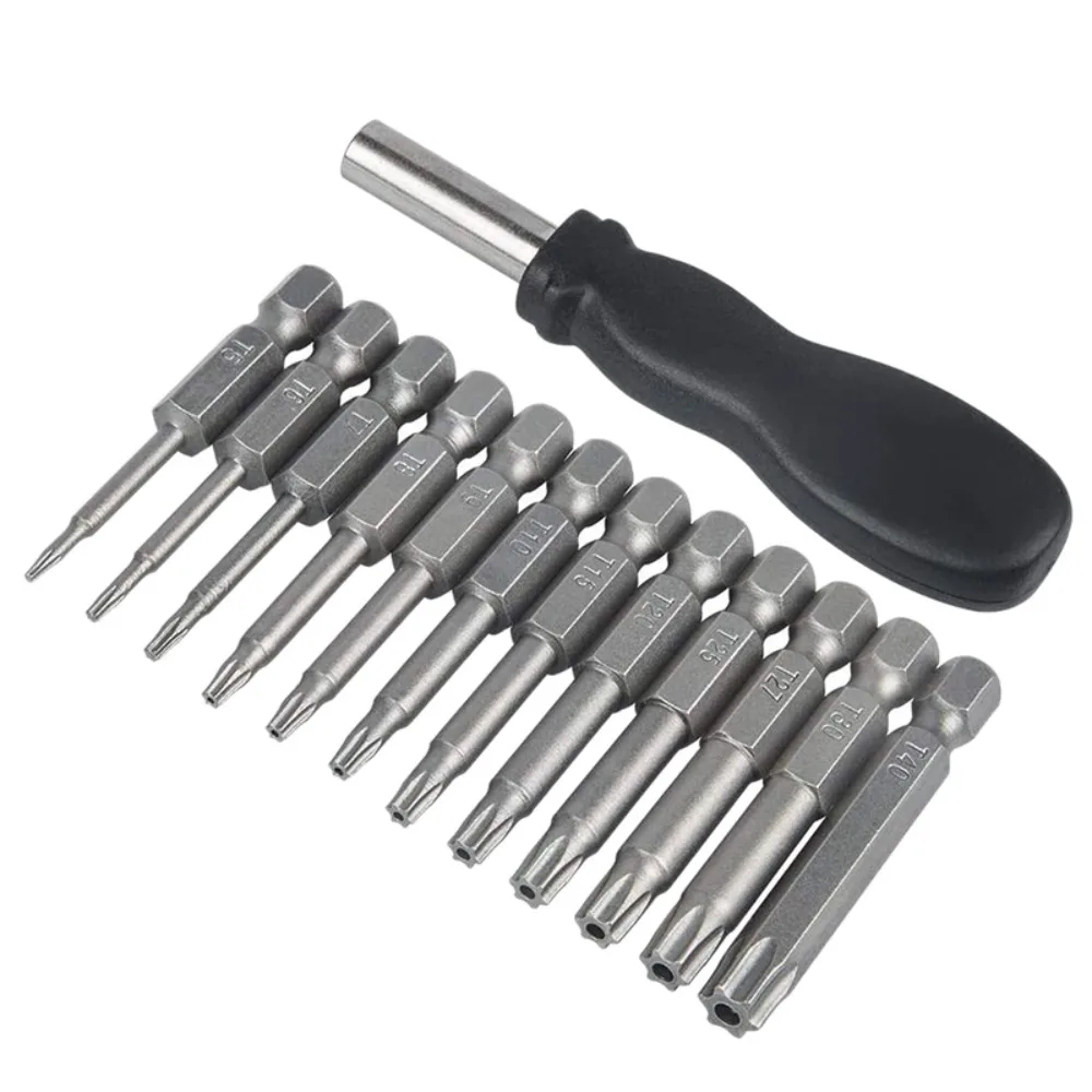 T5-T40 Torx Head Screwdriver Bit Set with 1 Pack Handle S2 Steel Screwdriver Bits Set 50MM Long 1/4 inch Hex Shank