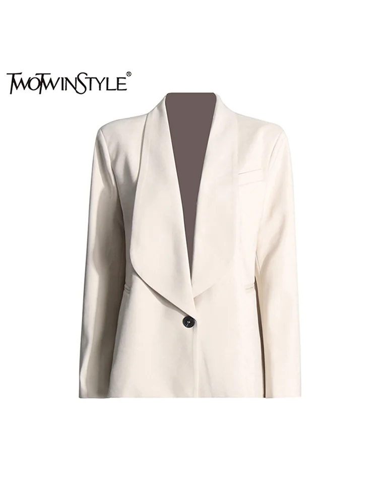 

TWOTWINSTYLE Solid Patchwork Pockets Elegant Blazer For Women Shawl Collar Long Sleeve Spliced Button Temperament Coats Female