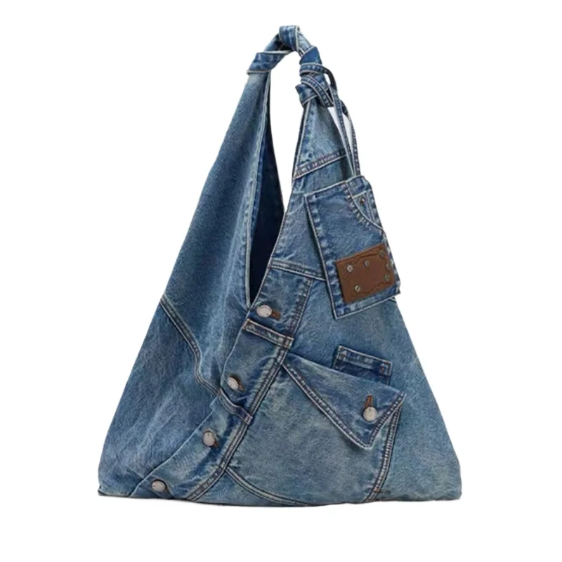 

Vintage Washed Denim Shoulder Bag Knotted Hobo Underarm Bag Casual Slouchy Handbag for Women