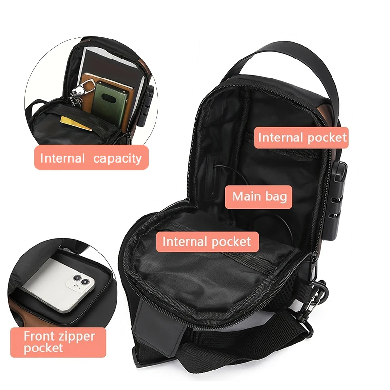 Diebstahlsichere Kombinations-Schloss Herren Brusttasche Wasserdichte Hartschalen PU-Leder Umhängetasche Tragbare Handgurt-Schultertasche – Detail 10