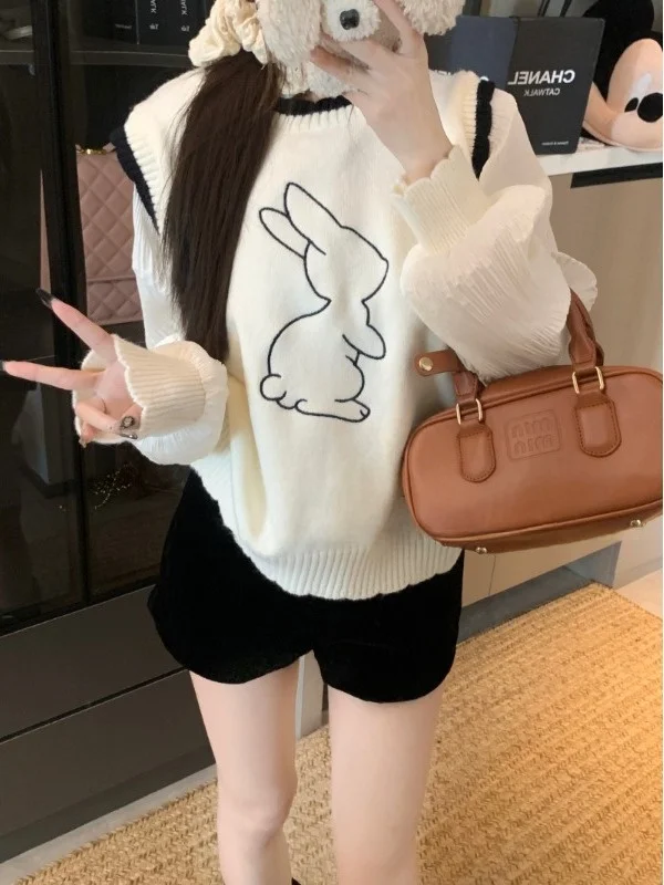 

Long Sve Knitted Sweater Embroidered Loose round Ne Outerwear Commute Sle Polyester Fiber Warmth Cartoon Pattern