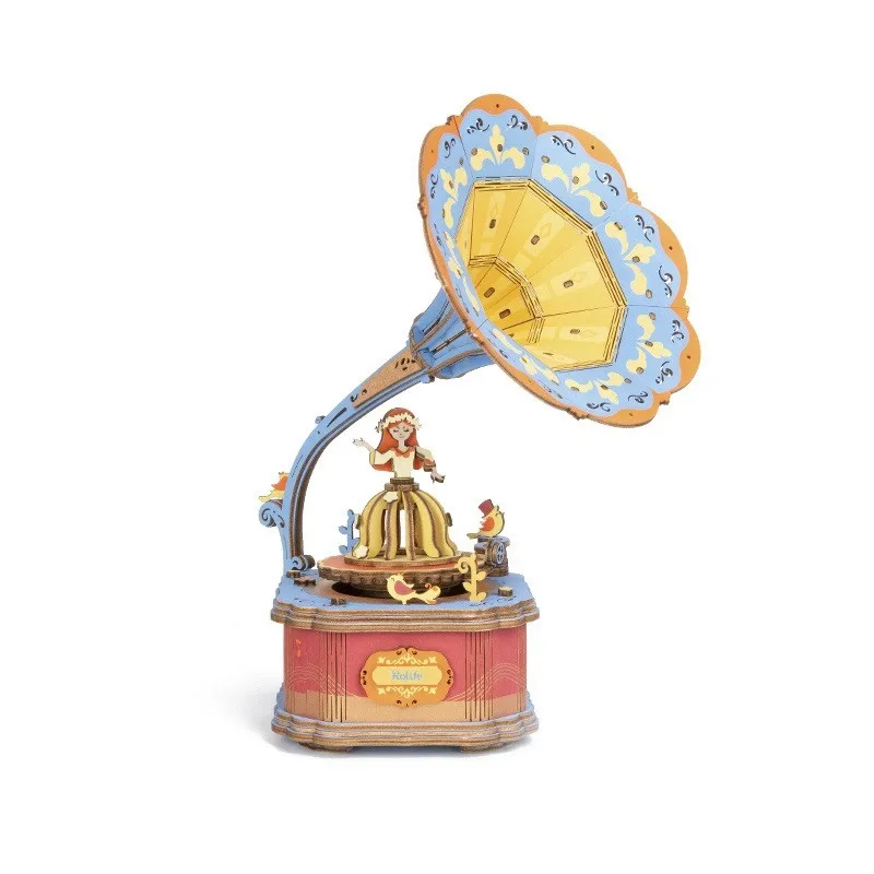 Kids Education Toy DIY Gramophone 3D Puzzle Game Assembly Moveable Music Box Toy Gift for Children Adults Living Room Decoration