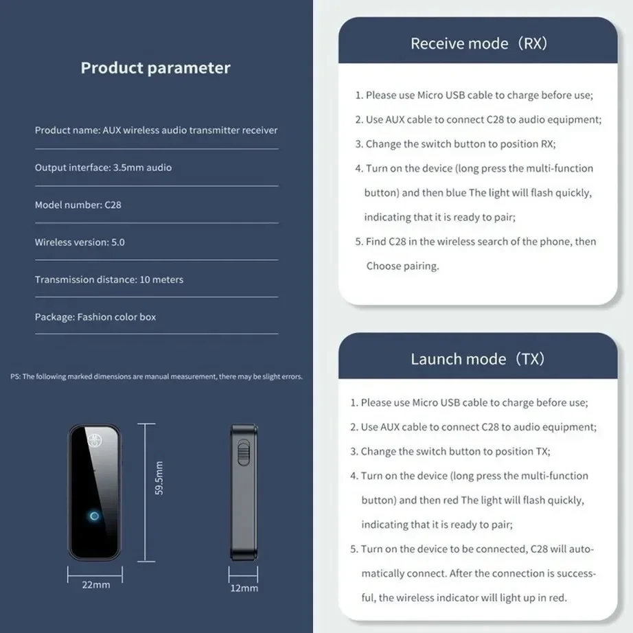 Bluetooth 5.0 Transmitter Receiver 2 in 1 Wireless Adapter C28 for Car PC 3.5mm AUX Audio Jack Handsfree Stereo Music Dongle