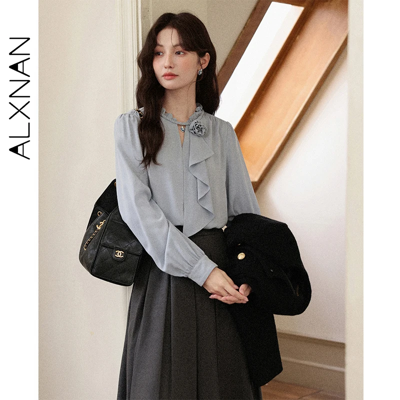 

ALXNAN Blue Long Sleeve Shirt Women 2025 Autumn New Ear Edge Ribbon Blouses Elegant Casual Loose-fit Office Lady Tops L57509