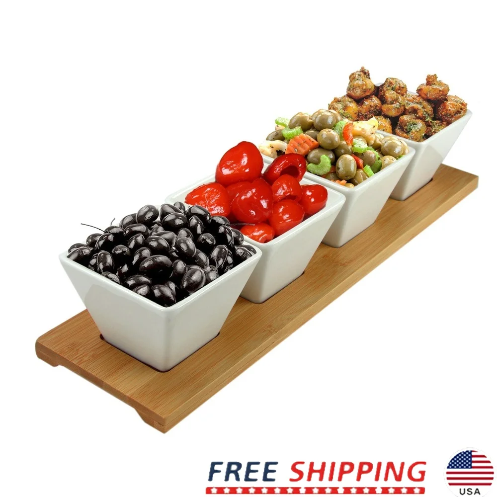 

Ceramic Stoneware Condiment Appetizer Set 5 Piece Elegant Serving Bowls Cups Bamboo Tray Dishwasher Microwave Safe