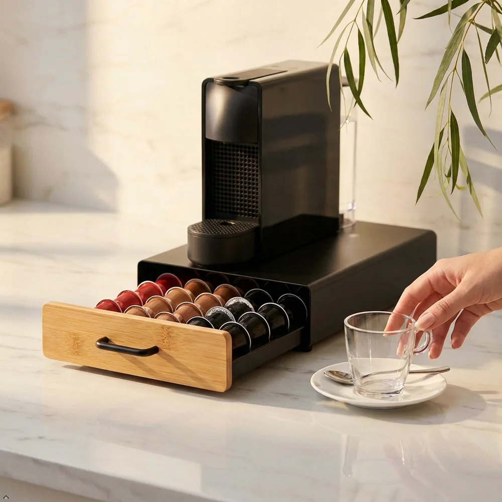 Coffee Pod Drawer Holder for Nespresso OriginalLine Capsules, 40 Pod Capacity, Anti-Slip Base Coffee Station Organizer