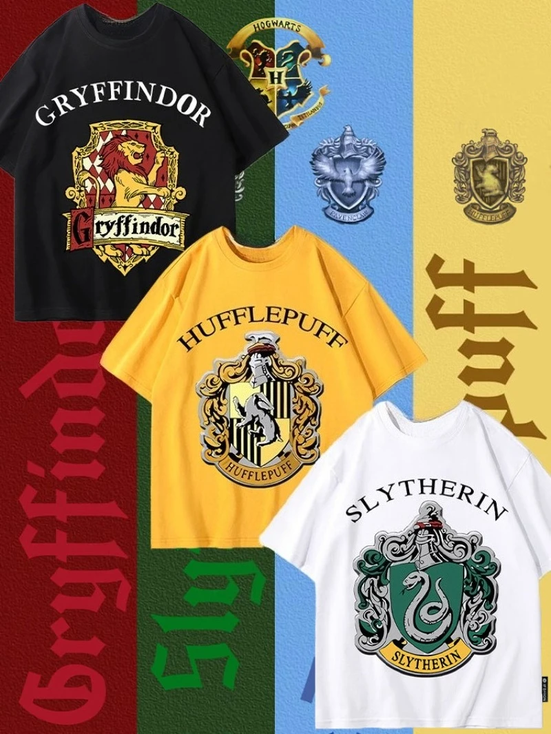 Camiseta de manga corta MINISO Harry Potter para hombre y mujer, ropa de verano periférica de dibujos animados de Slytherin Gryffindor, camiseta informal holgada