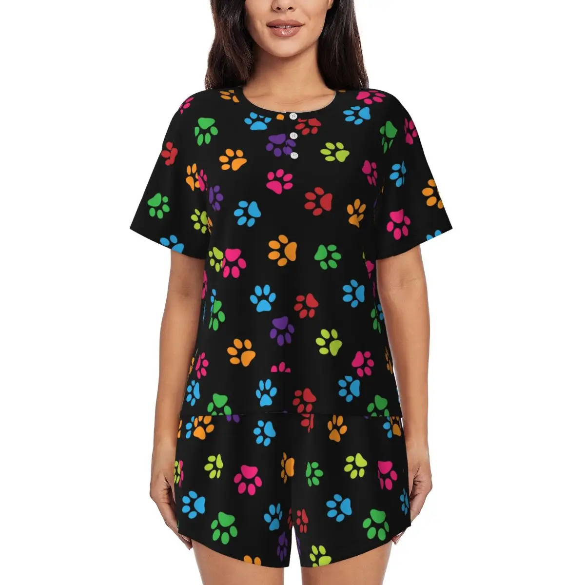 

Custom Colorful Pet Dog Paws Pattern Pajama Sets Women's 2 Piece Short Sleeve Pjs Shorts Sleepwear
