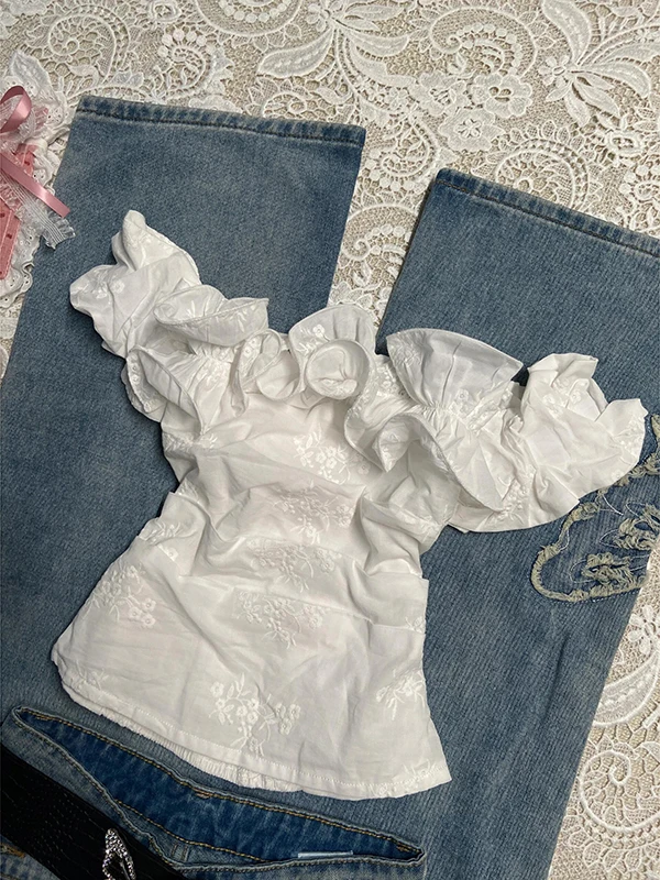 

Оригинальный хлопковый топ с вышивкой и кружевной отделкой на одно плечо для женщин, винтажный летний топ Faion ort Sve