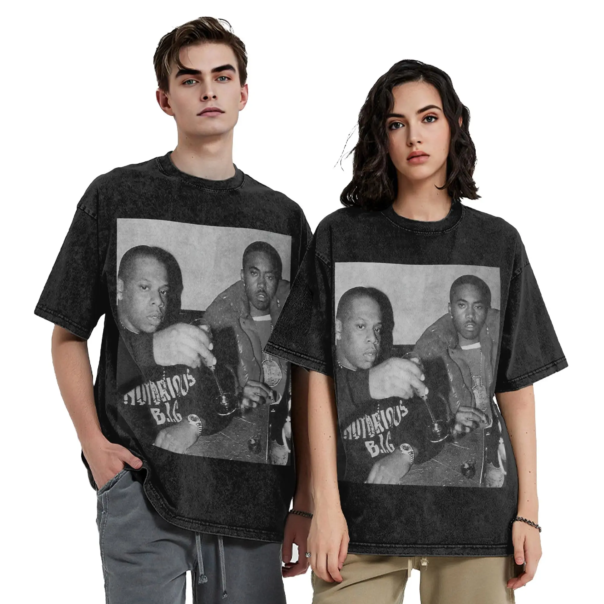 Washed T Shirt Jay Z And Nas Hip Hop Novelty T-Shirts Oversize  Streetwear 100% Cotton Graphic Printed Tops Tee Shirt Men Women