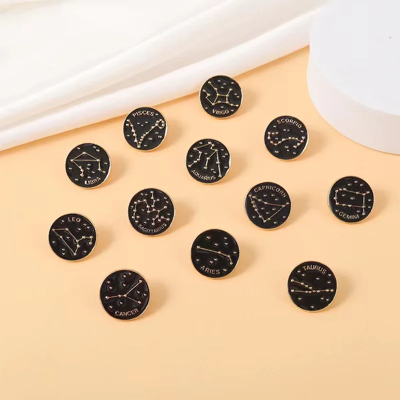 Custom Twelve Constellation Enamel Pins Round Planet Connection Line Brooches Decoration Starry Night Lapel Badges Jewelry Gifts