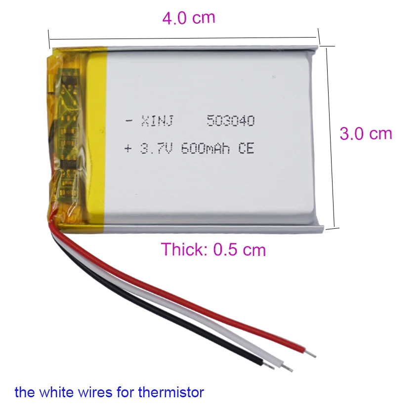 2pcs 3.7V 600mAh 2.22Wh NTC 3 Wires Rechargeable Li Battery 503040 JST 3Pin 1.0/1.25/1.5/2.0/2.54mm For GPS Bluetooth Speaker