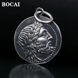 BOCAI Ancient Greek Poseidon s925 Pure Silver Jewelry Hand-made Double-Sided Relief Coin Man Pendant Wholesale Holiday Gifts