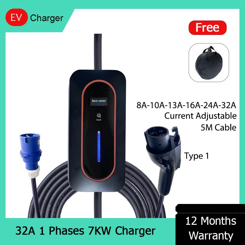 Level 2 EV AC Portable Charger Adjustable Current 13A 16A 32A 110VAC 220VAC Home EVSE For BYD GB/T ID 4 6 Electric Car Charging