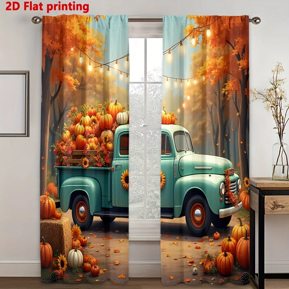 2PCS Thanksgiving Fall Curtains, Pumpkin Truck Maple Leaf, Digital Print, Bedroom Living Room, Rod Pocket Polyester, Home Decor