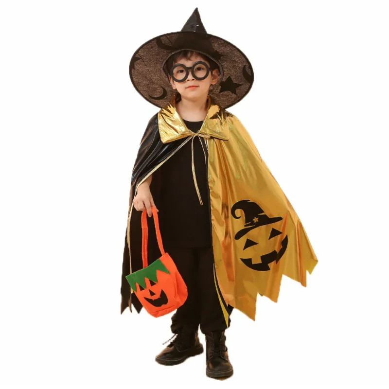 RT01 Mantello cosplay strega unisex per bambini Halloween + cappello da strega Costume da 2 pezzi Festa di carnevale Fantasia Oro Nero Blocco colore Dr * JK2