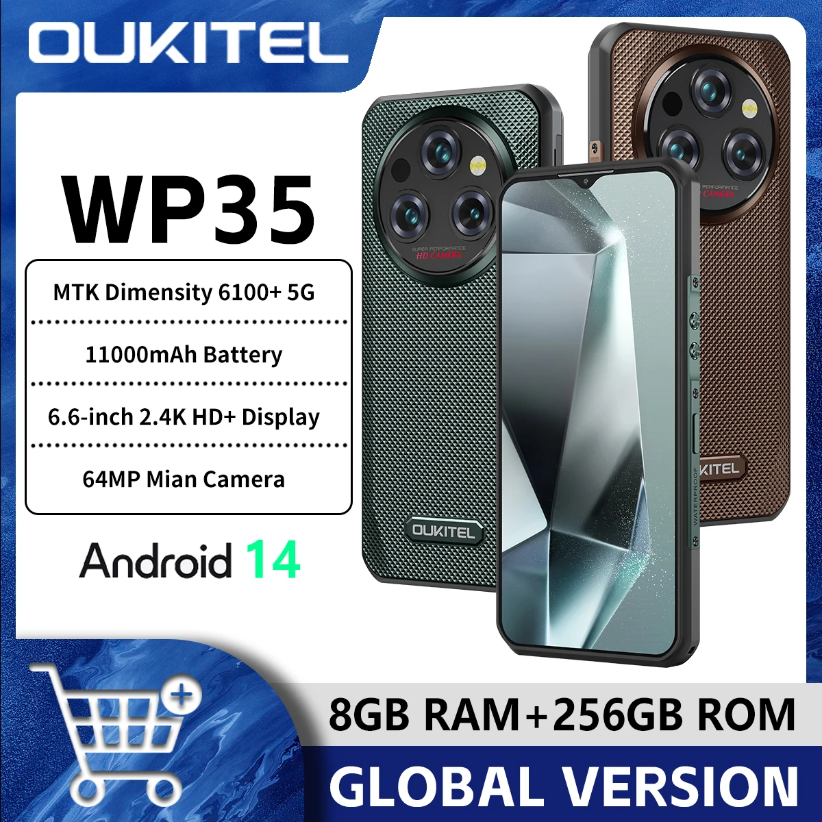 Oukitel WP35 5G هاتف ذكي متين 6.6 بوصة FHD + 2.4K عرض MTK الأبعاد 6100 + 11000mAh 8GB + 256GB 64MP NFC هاتف محمول أندرويد 14