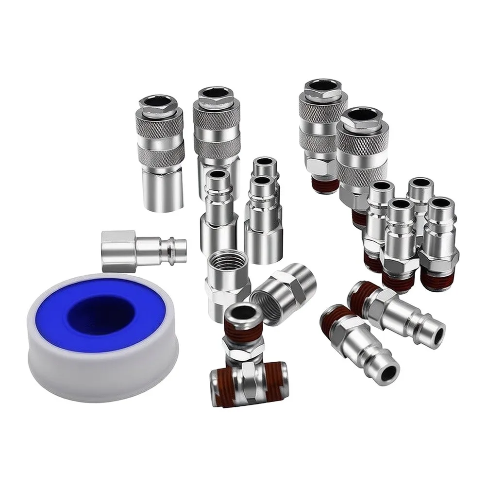 19Pcs Pneumatic Fittings Set for Air Compressor Zinc Coated Iron Quick Couplers 1/4 Inch Thread Meets European Standard