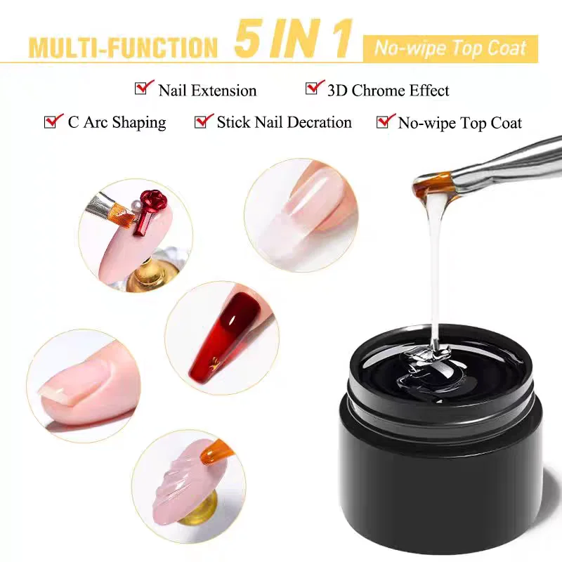 5 in1 Colla Gel di rinforzo Gel No Wipe Top Coat Manicure UV LED Soak Off Funzione Gel per unghie Smalto Design cromato 3D