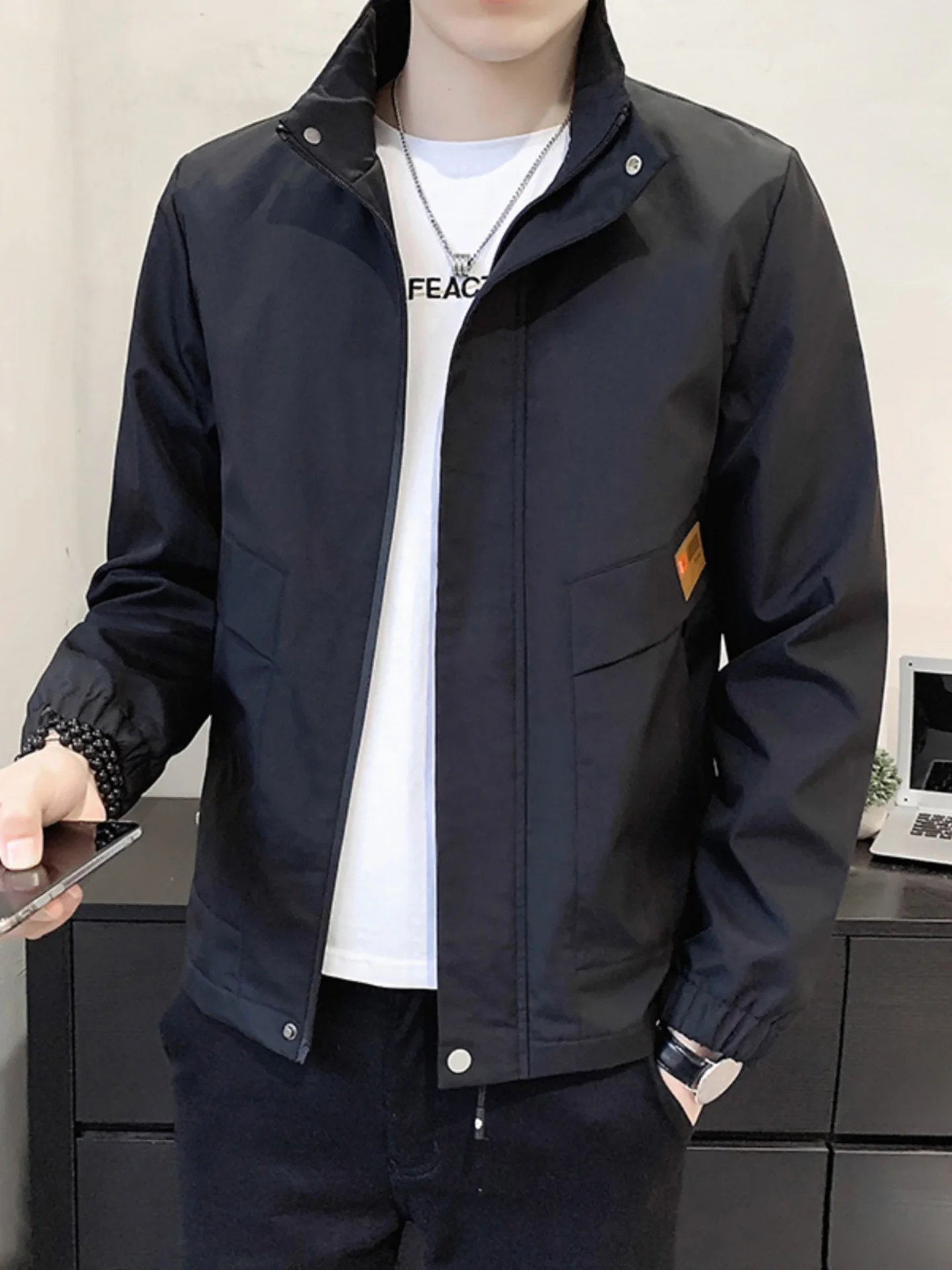 

Модный повседневный мужской тюре, осень-зима, свободный крой, воротник-стойка, молодежная верхняя одежда, украшенная молнией, полиэфирное волокно